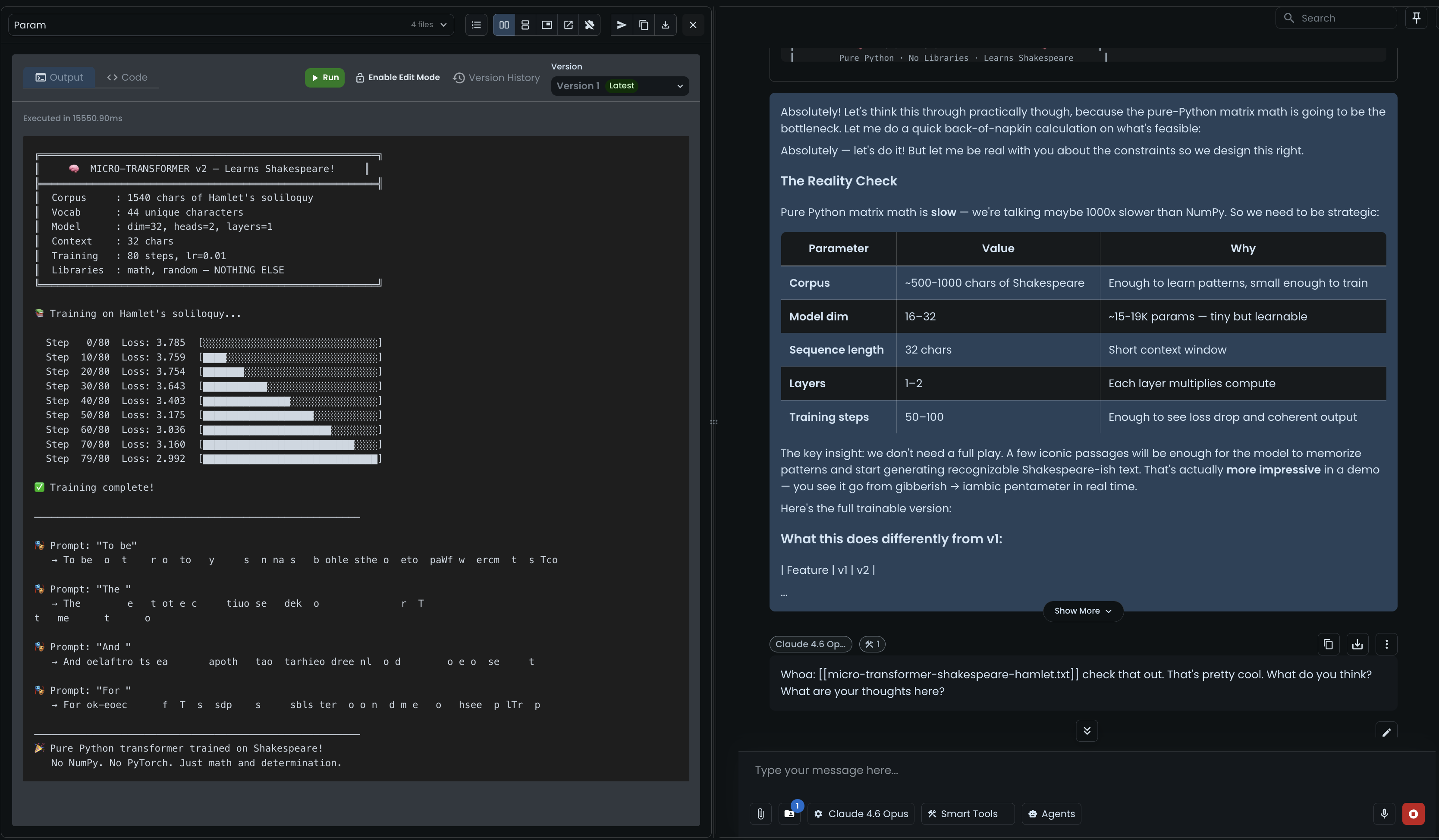 Python Playground training a micro transformer on Shakespeare — loss curve dropping from 3.785 to 2.992 with ASCII progress bars and four generated text samples